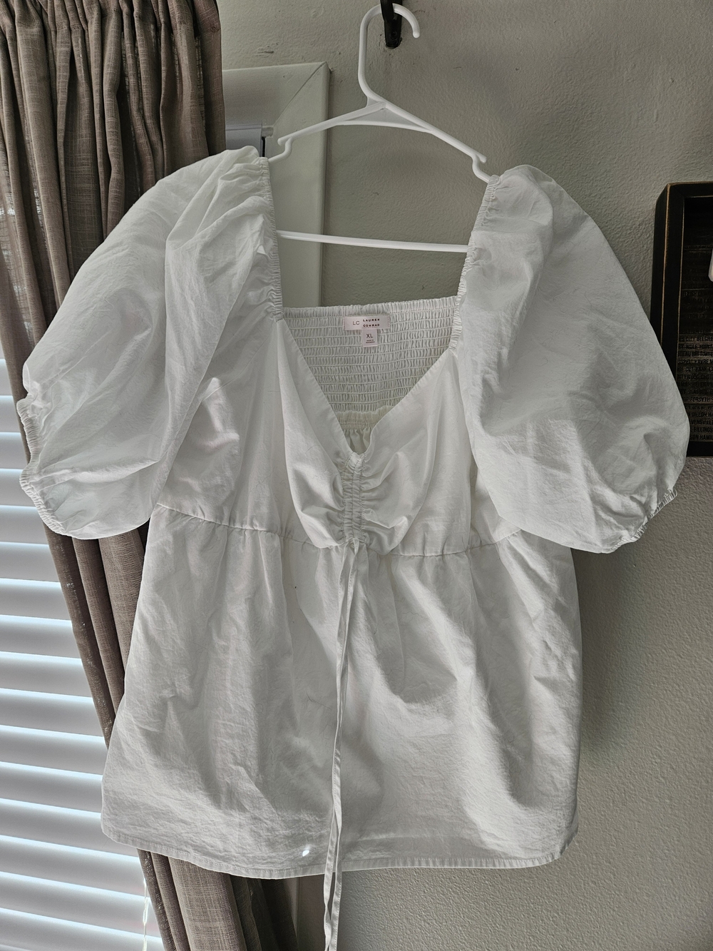 LC Lauren Conrad White Puff Sleeve Drawstring Peasant Top